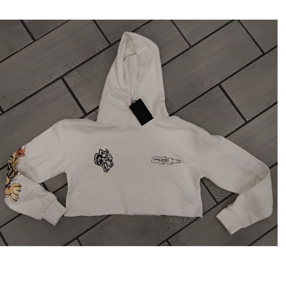 Darc Sport Wolves Club Cropped Hoodie White Graphic Sweatshirt Small NWT
